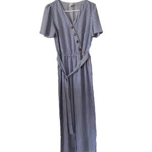 Naif jumpsuit wide leg belted blue striped small romper V-neck‎